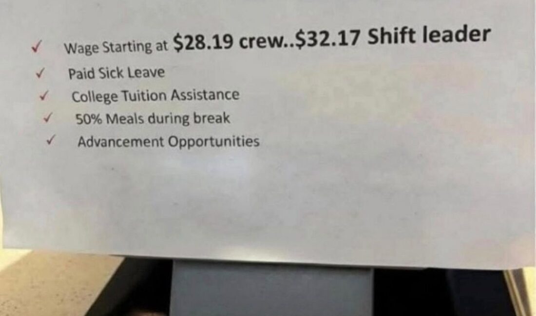 Yayımlanan ilanda, fast food sektöründeki temel pozisyonlar için sunulan ücret