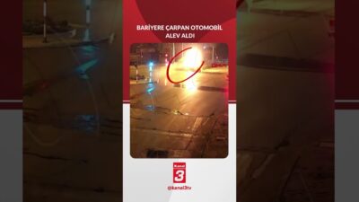 Kırıkkale’de Beton bariyere çarpan otomobil bir anda havalanıp alev aldı.