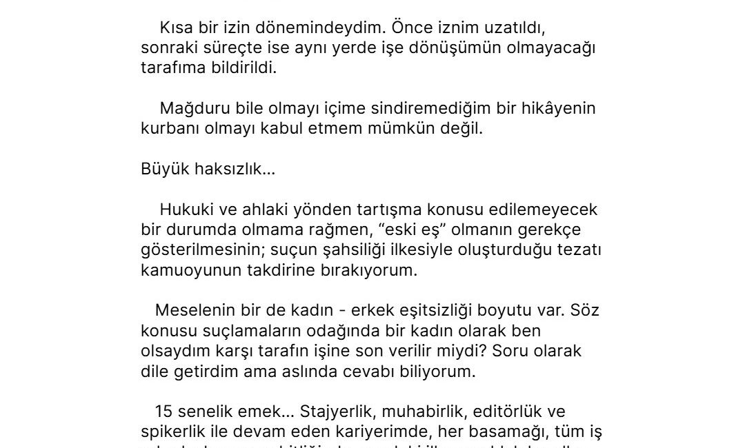 Sosyal medya üzerinden açıklama yapan ünlü spiker, işten çıkarılma nedeninin