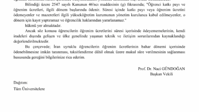 YÖK tarafından yükseköğretim kurumlarına gönderilen yazıda, İran genelinde yaşanan iletişim