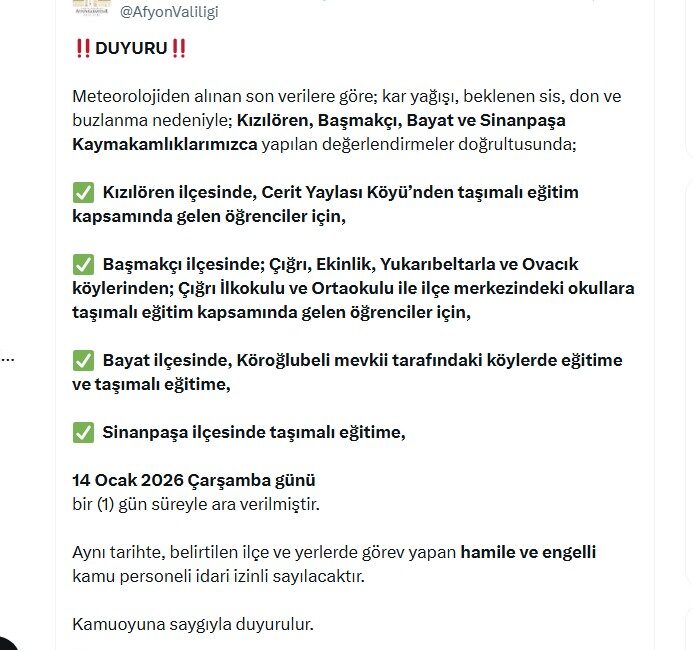 Valilikten yapılan açıklama şöyle: T.C. Afyonkarahisar Valiliği @AfyonValiligi DUYURU Meteorolojiden