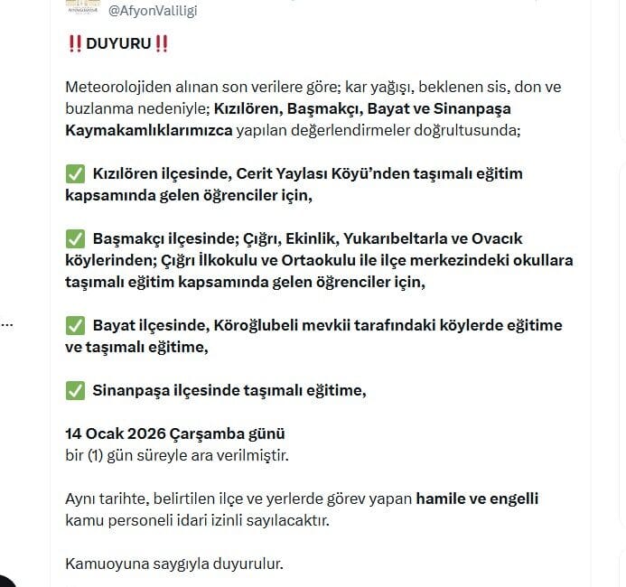 Meteorolojinin uyarıları sonrası Afyonkarahisar’ın Kızılören, Başmakçı, Bayat ve Sinanpaşa ilçelerinde