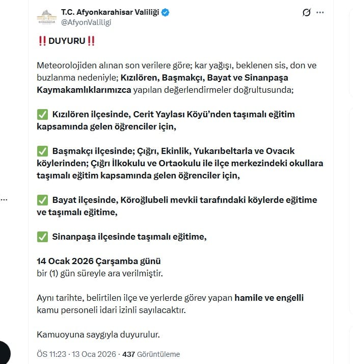 Meteorolojinin uyarıları sonrası Afyonkarahisar’ın Kızılören, Başmakçı, Bayat ve Sinanpaşa ilçelerinde