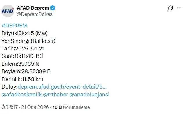 Afet ve Acil Durum Yönetimi Başkanlığının (AFAD) internet sitesinde yer
