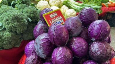 Bursa'da pazarlarda tanesi 80 liradan satılan karalahanayı (mor lahana) tüccarlar