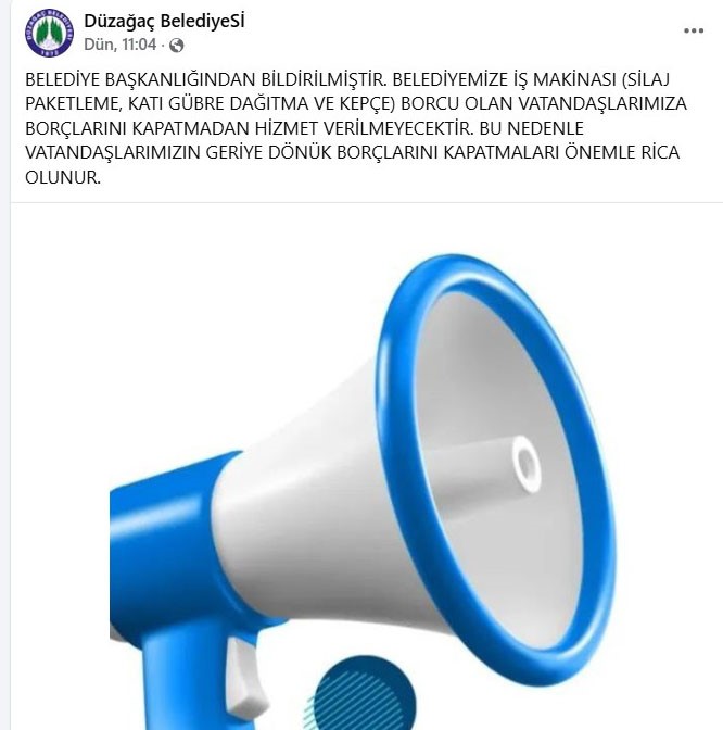 Afyonkarahisar Düzağaç Belde Belediyesi vatandaşın belediyeye olan borçlarını sosyal medya