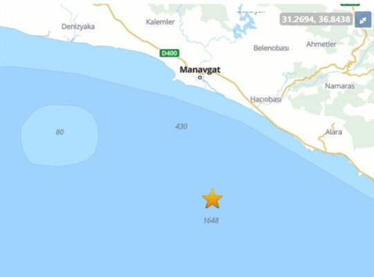 Akdeniz, Antalya Körfezi açıklarında bugün öğleden sonra bir deprem meydana