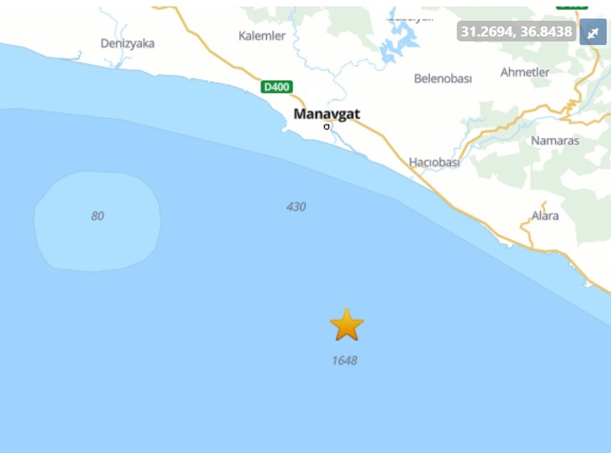 Akdeniz, Antalya Körfezi açıklarında bugün öğleden sonra bir deprem meydana