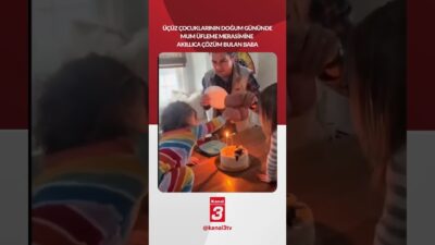 Üçüz çocuklarının doğum gününde mum üfleme merasimine akıllıca çözüm bulan