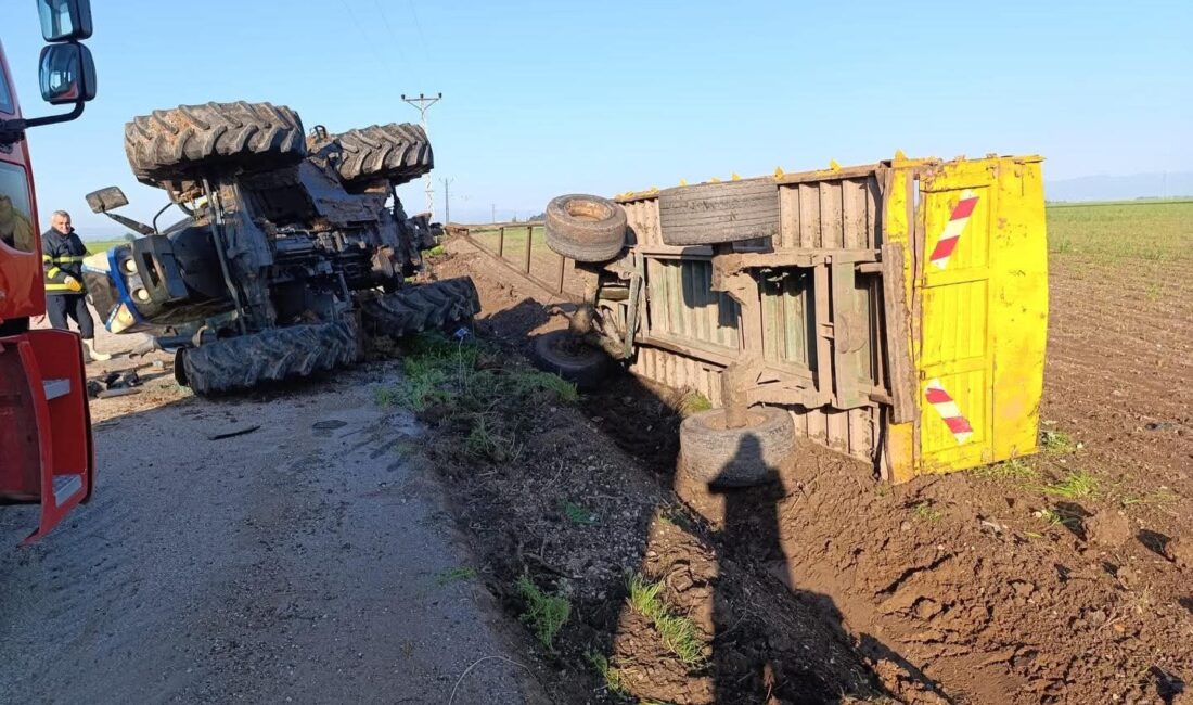 Hatay’ın Reyhanlı ilçesinde sürücüsünün direksiyon hakimiyetini kaybetmesi sonucu devrilen traktörde