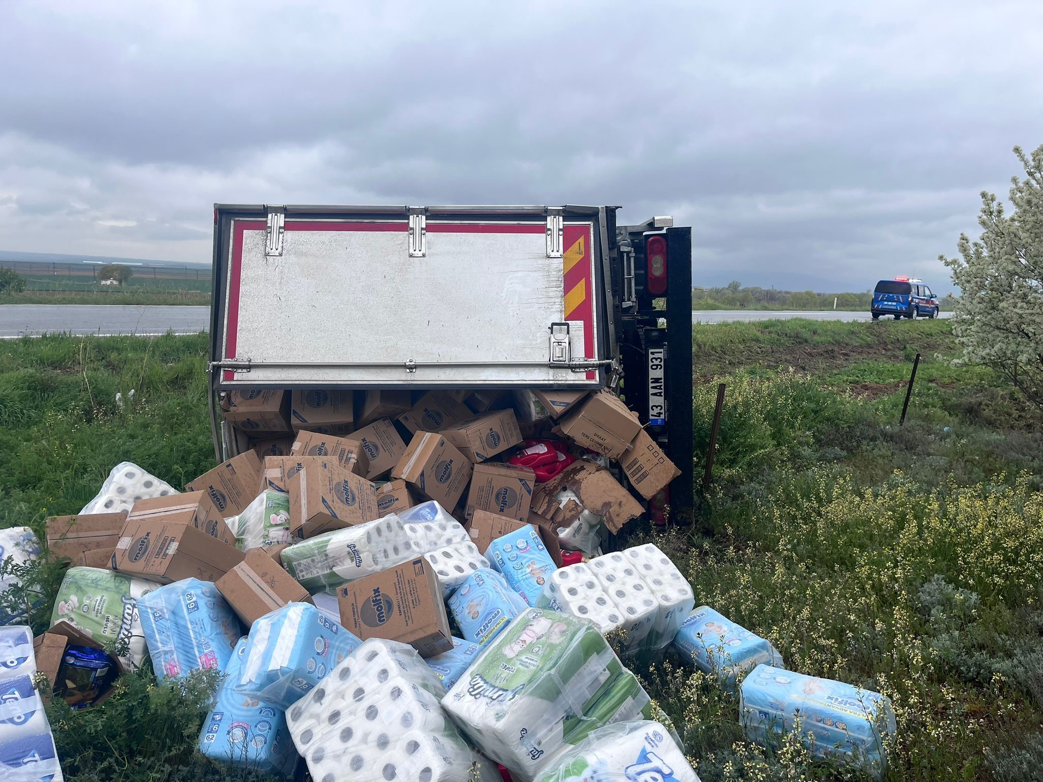 Kontrolden çıkan kamyonun devrilmesi sonucu iki kişi yaralanırken, tonlarca bebek