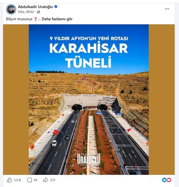 Bakan Uraloğlu’dan Karahisar Tüneli paylaşımı