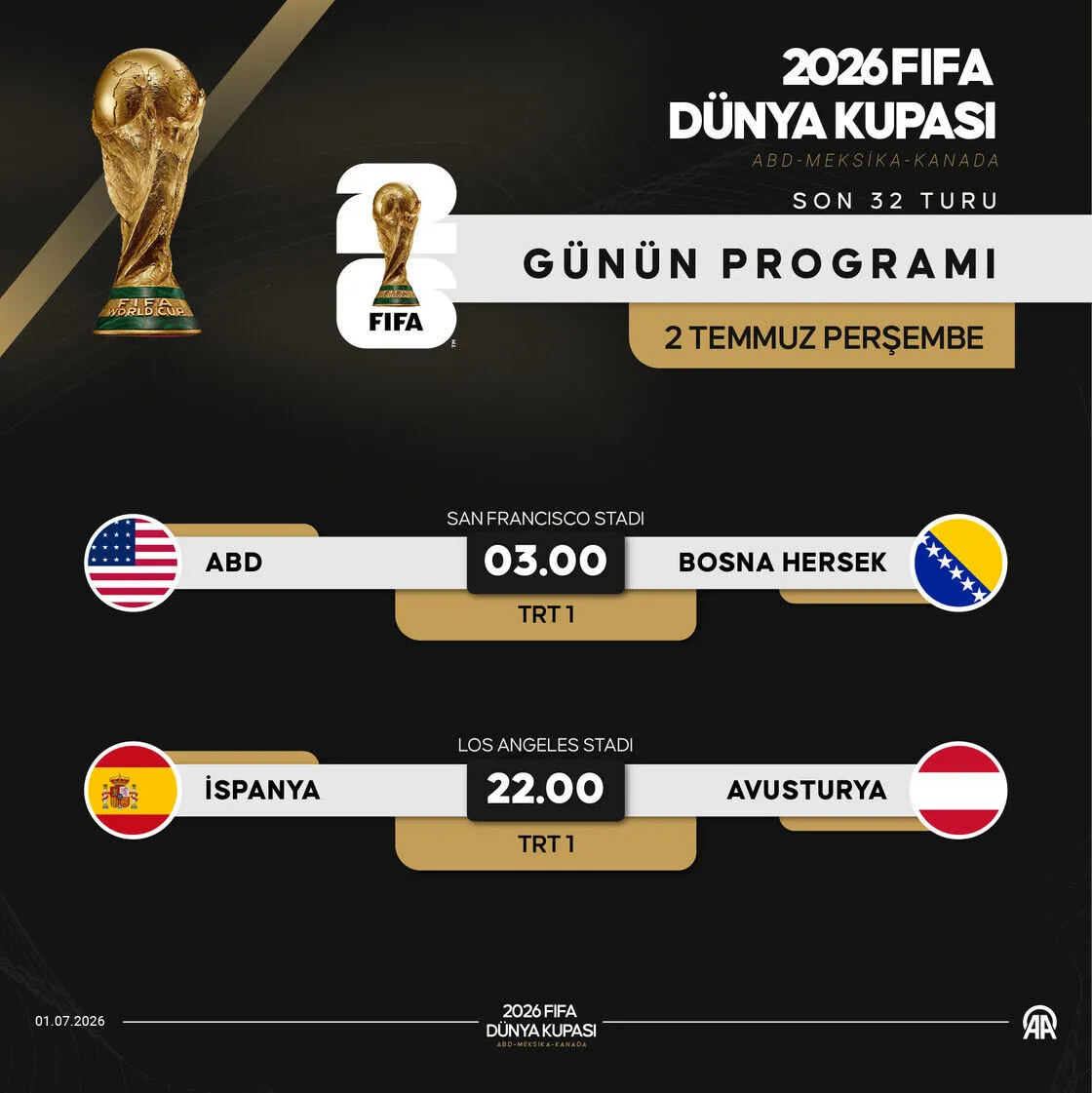 2026 Dünya Kupası son 32 turunda yarın 2 maç yapılacak